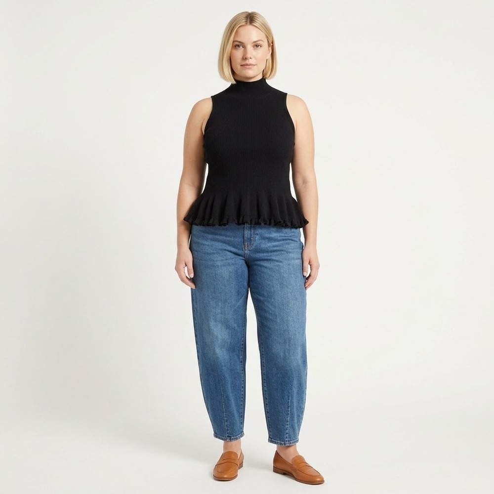 Anthropologie Black Ribbed Mock Neck Peplum Ruffle Sleeveless Top Womens XL